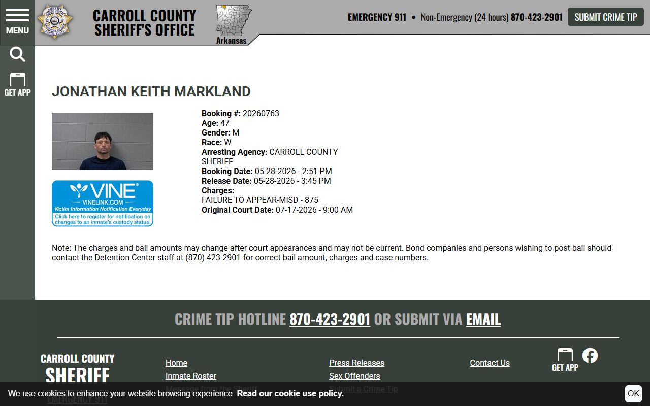 Carroll County booking photo profile with mugshot and inmate record fields