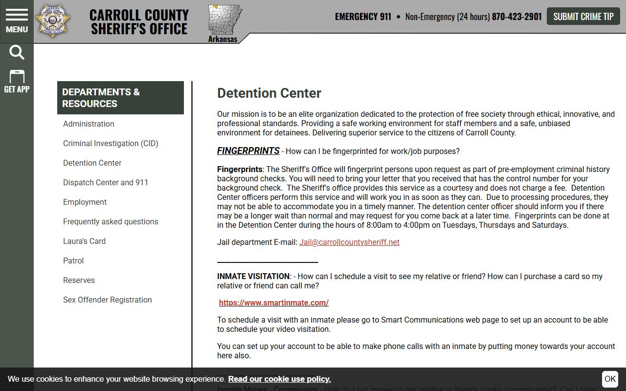 Carroll County inmate records detention center page for visitation and commissary instructions