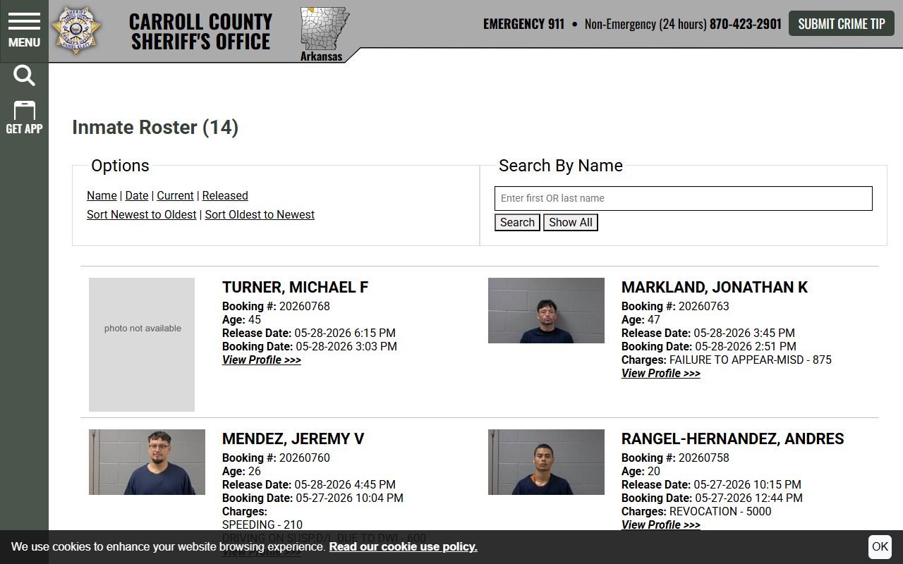 Carroll County 48 Hour Release roster showing recent booking photo records