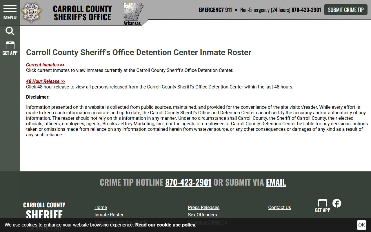 Carroll County Sheriff's Office Detention Center roster search and release options